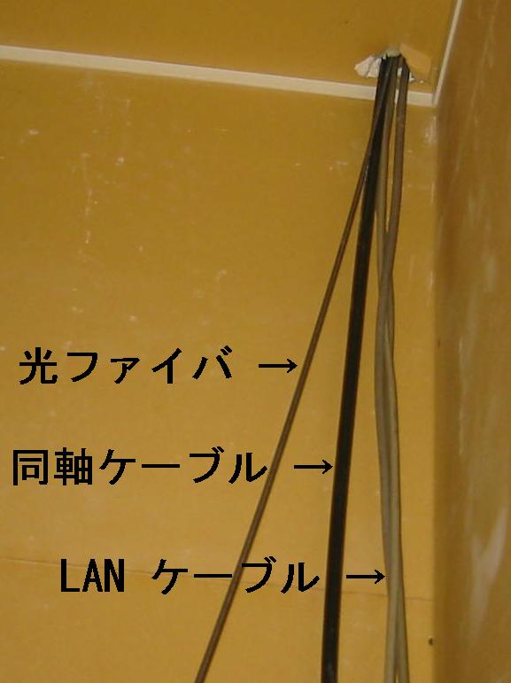 サーバのそばの線の写真で光ケーブル・同軸ケーブル・ LAN ケーブルが見える